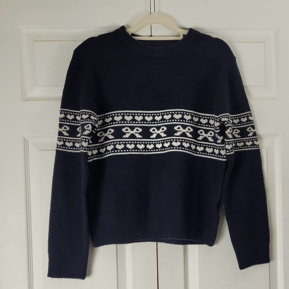 Motel Rocks Knitted Jumper Sweaters In Peacoat With Fairisle Bow Size M, NWT - Picture 3 of 12